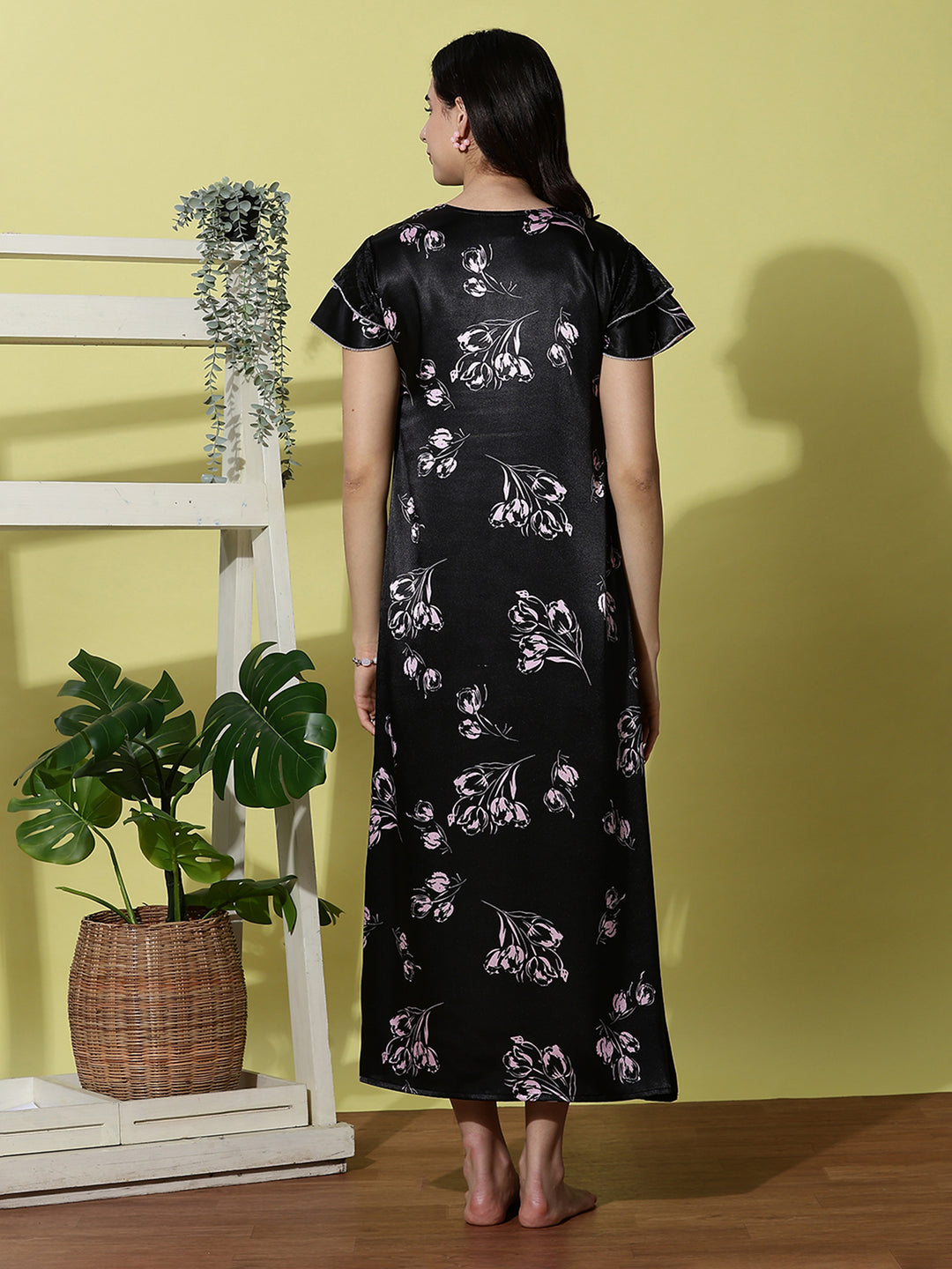 Black Tulip Satin Designer Nighty for Women Elegant and Soft