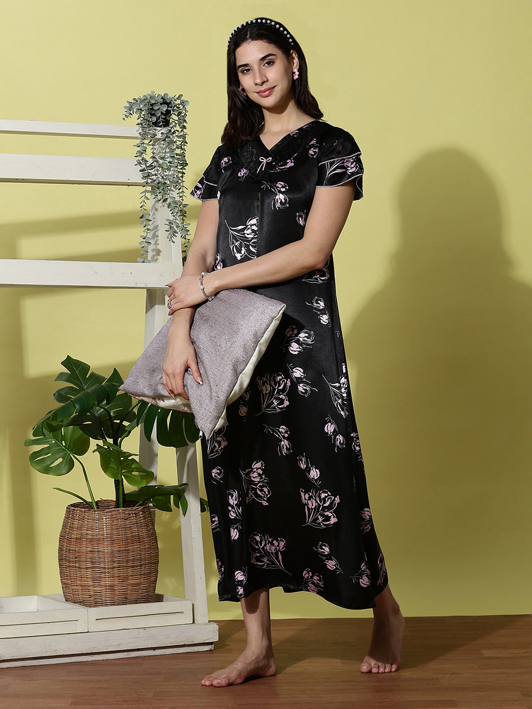 Black Tulip Satin Designer Nighty for Women Elegant and Soft