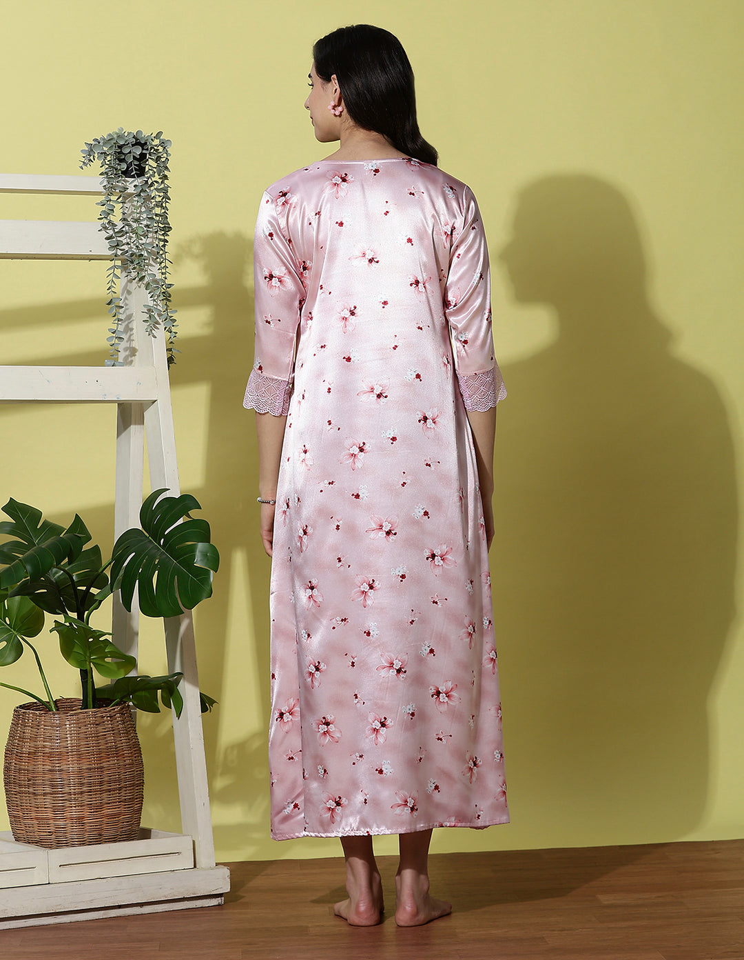 Powder Pink Floral Satin Nightdress for Women with Lace Cuff Detailing