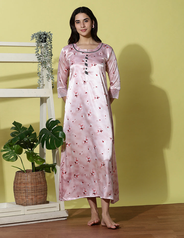 Powder Pink Floral Satin Nightdress for Women with Lace Cuff Detailing