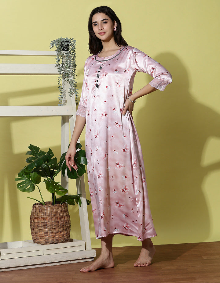 Powder Pink Floral Satin Nightdress for Women with Lace Cuff Detailing