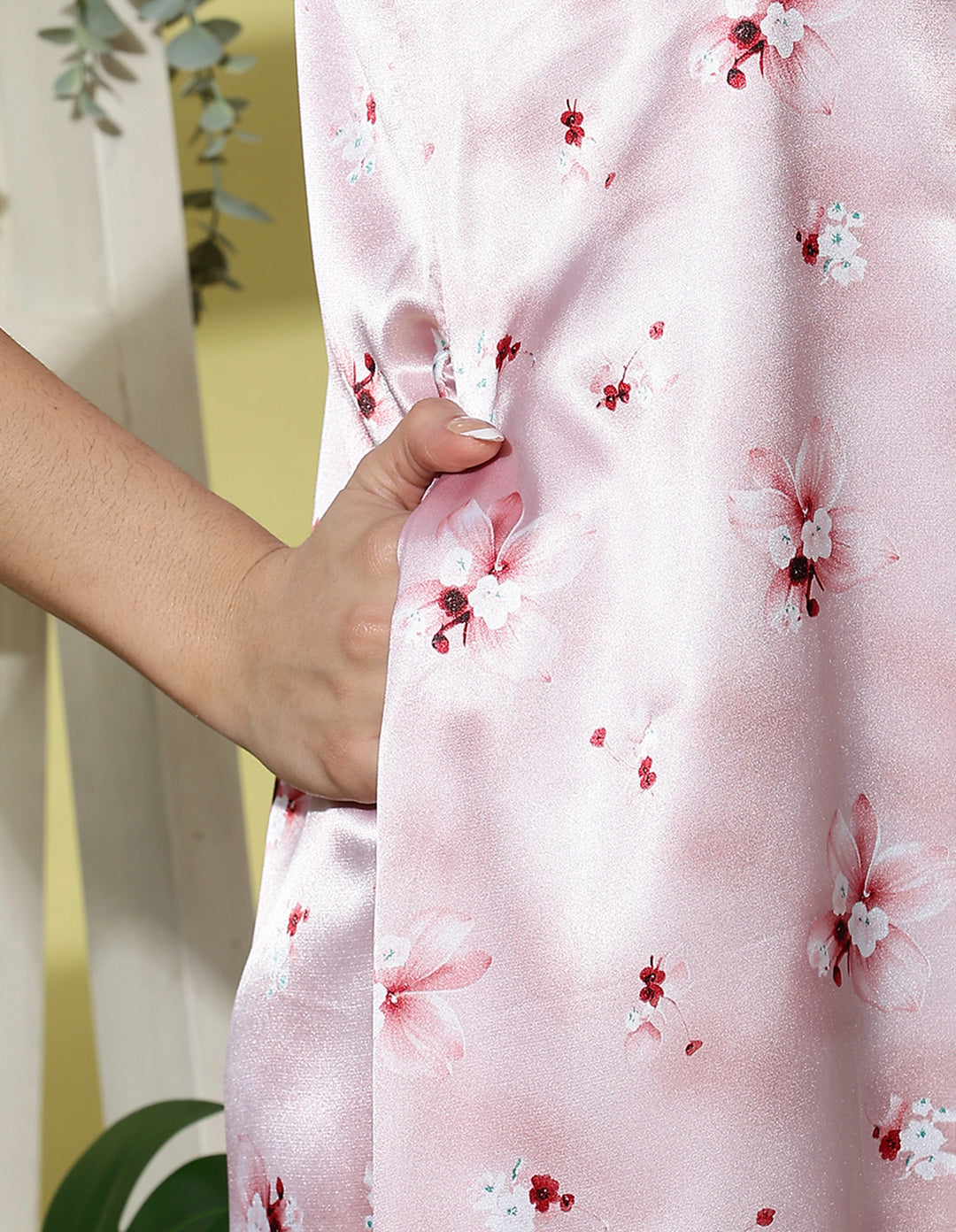 Powder Pink Floral Satin Nightdress for Women with Lace Cuff Detailing