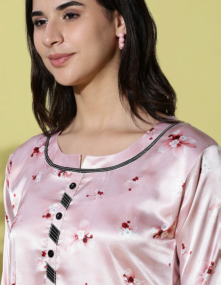 Powder Pink Floral Satin Nightdress for Women with Lace Cuff Detailing