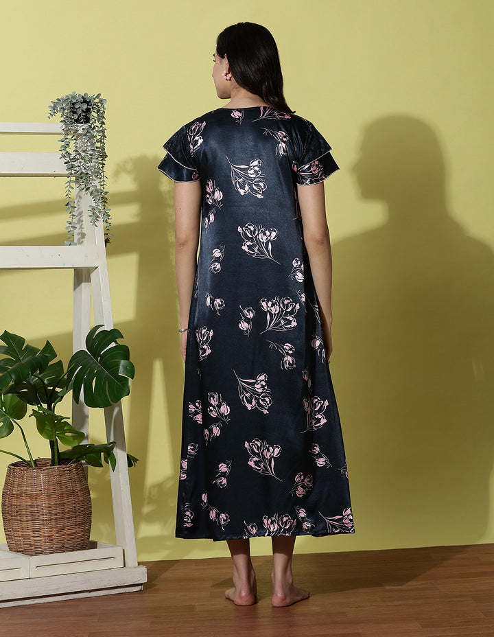 Navy Blue Satin Designer Nighty for Women Soft and Luxurious