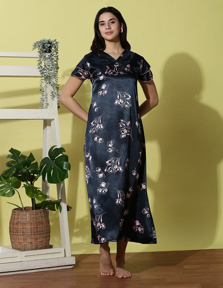 Navy Blue Satin Designer Nighty for Women Soft and Luxurious