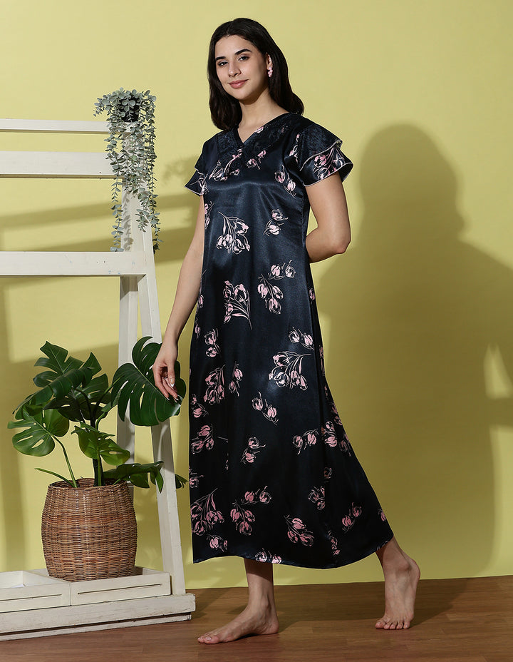 Navy Blue Satin Designer Nighty for Women Soft and Luxurious