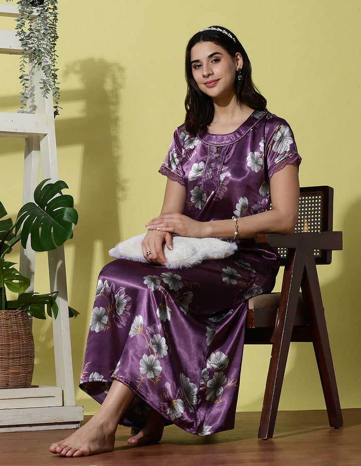 Orchid Purple Satin Nighty for Women with Lace Neck and Pocket