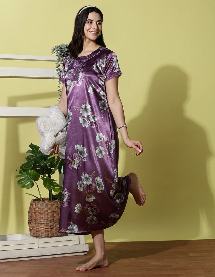 Orchid Purple Satin Nighty for Women with Lace Neck and Pocket