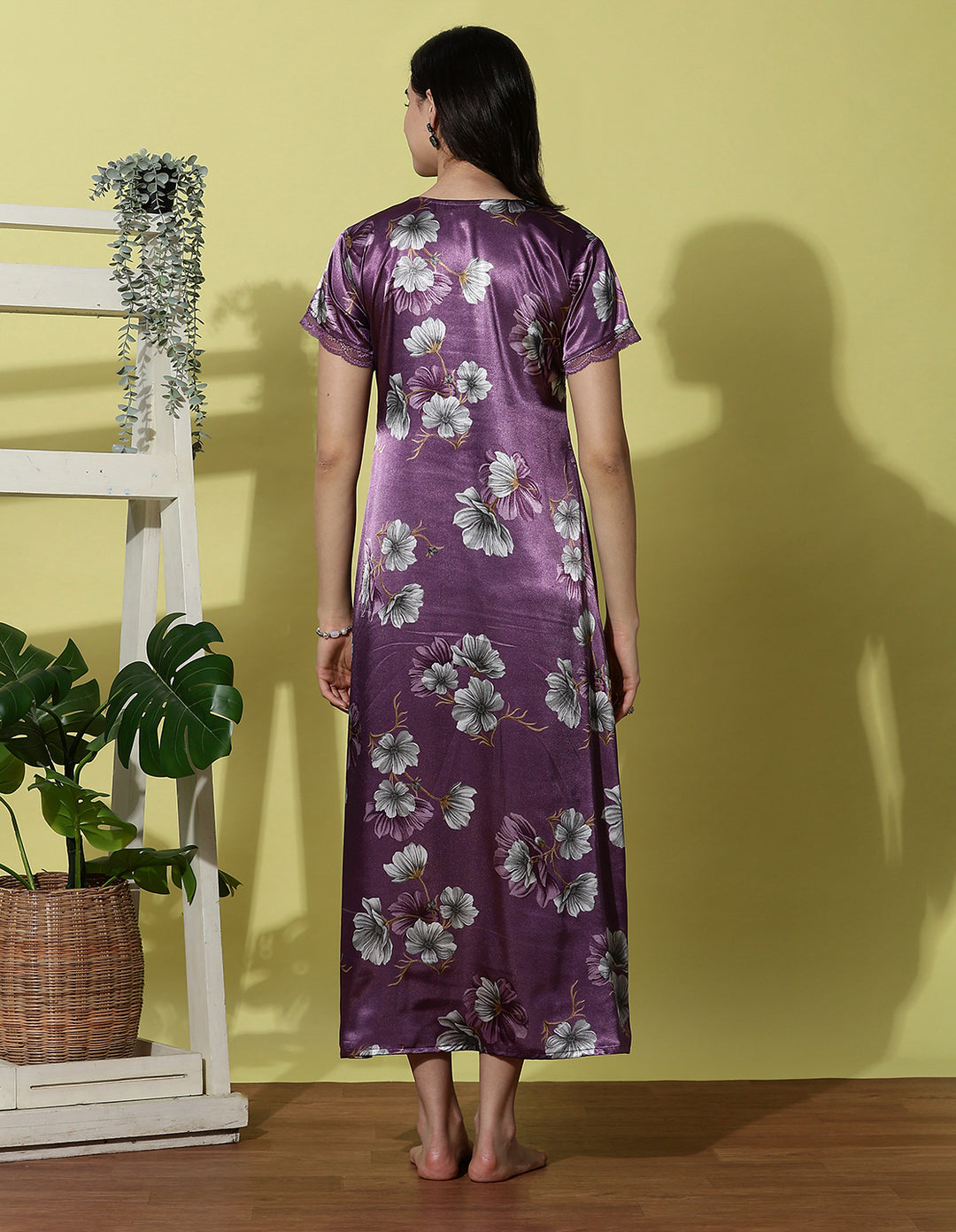Orchid Purple Satin Nighty for Women with Lace Neck and Pocket