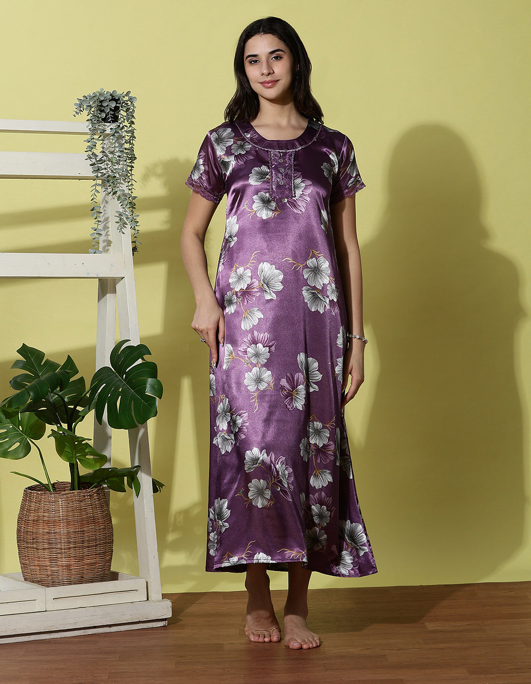 Orchid Purple Satin Nighty for Women with Lace Neck and Pocket