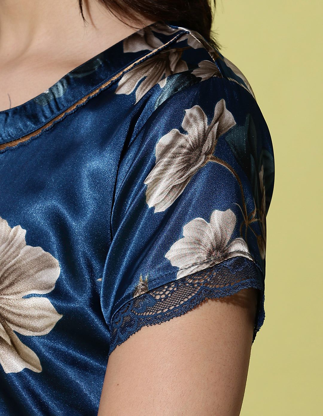 Ocean Blue Satin Nighty for Women with Floral Print and Lace Trim