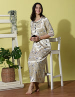 Light Beige Floral Satin Nightdress for Women with Elegant Lace Trim