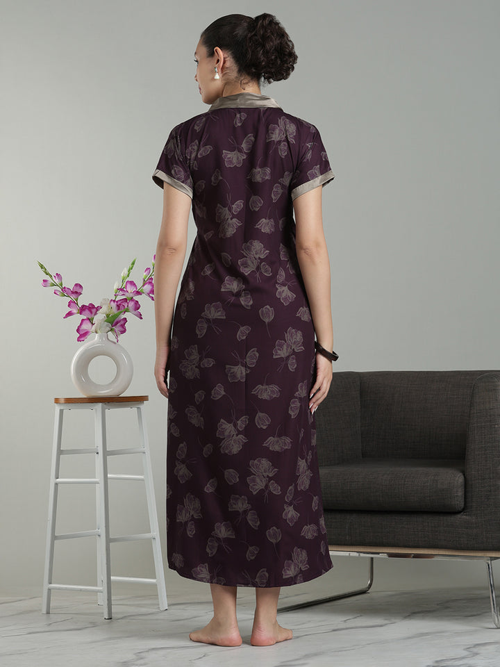 Prussian Wine Viscose Blend Housecoat with Floral Sketch Print for Women