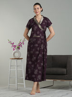 Prussian Wine Viscose Blend Housecoat with Floral Sketch Print for Women