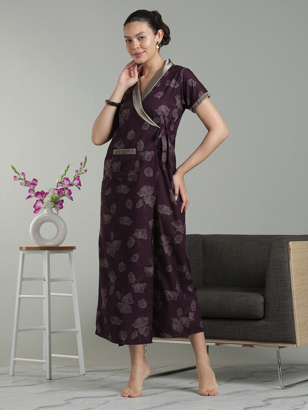 Prussian Wine Viscose Blend Housecoat with Floral Sketch Print for Women