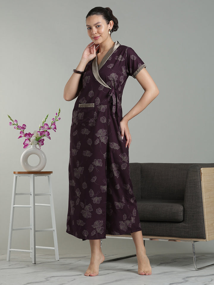Prussian Wine Viscose Blend Housecoat with Floral Sketch Print for Women