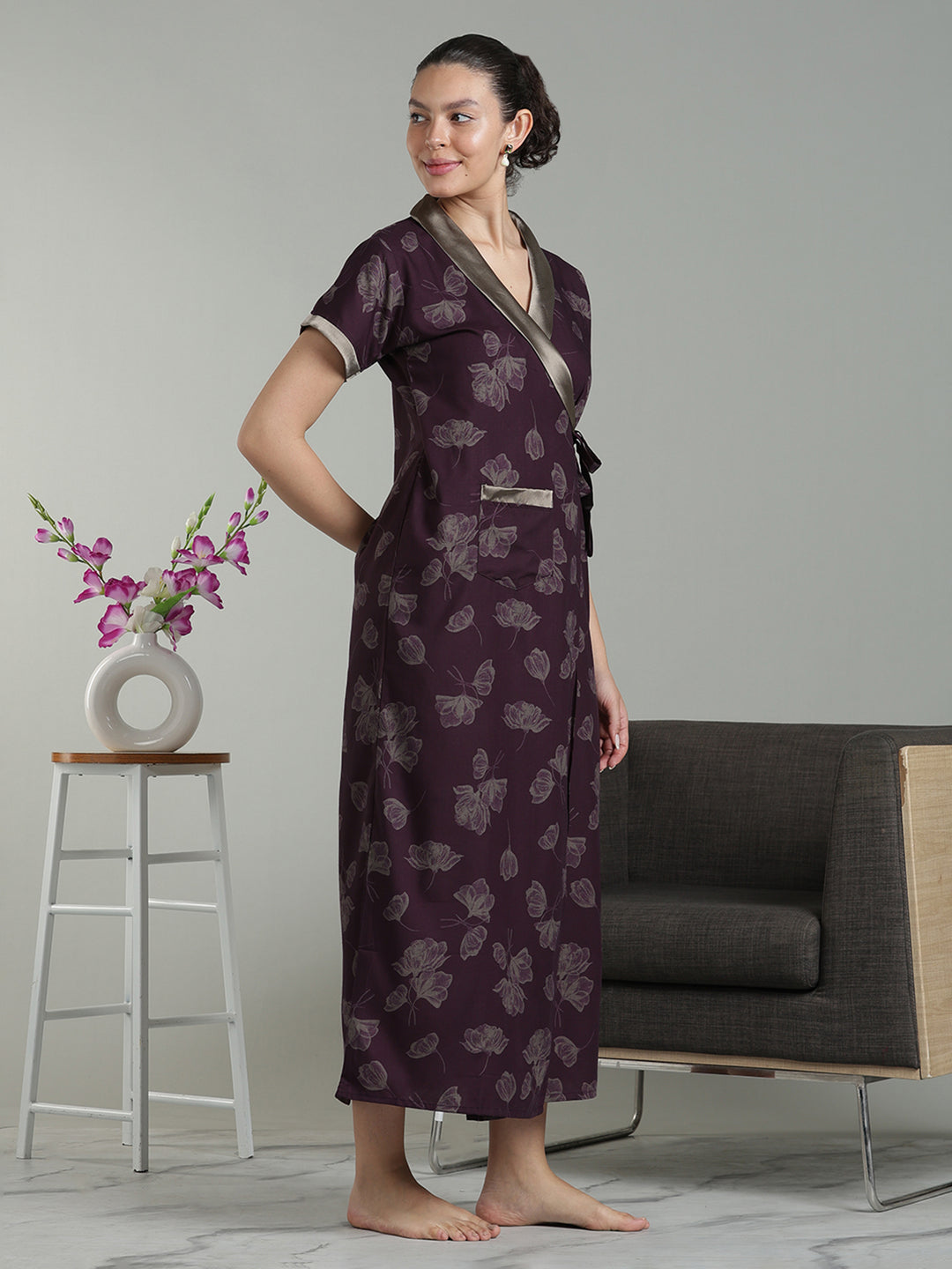 Prussian Wine Viscose Blend Housecoat with Floral Sketch Print for Women