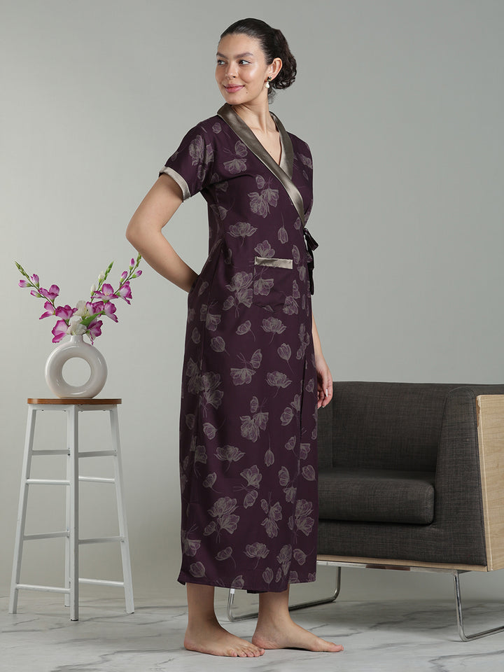 Prussian Wine Viscose Blend Housecoat with Floral Sketch Print for Women