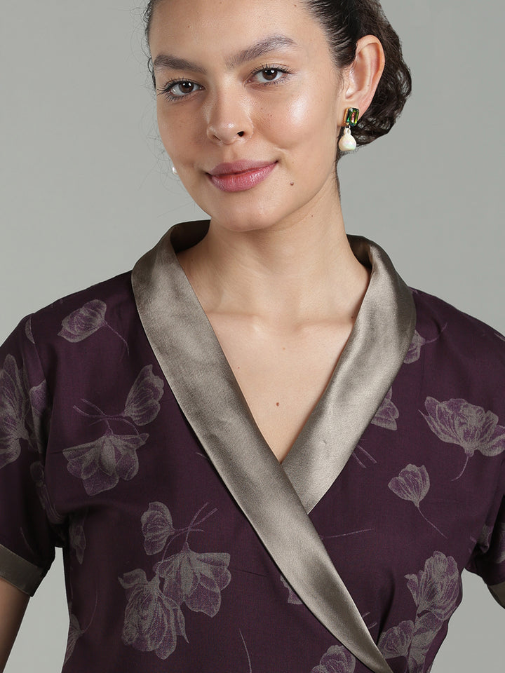 Prussian Wine Viscose Blend Housecoat with Floral Sketch Print for Women