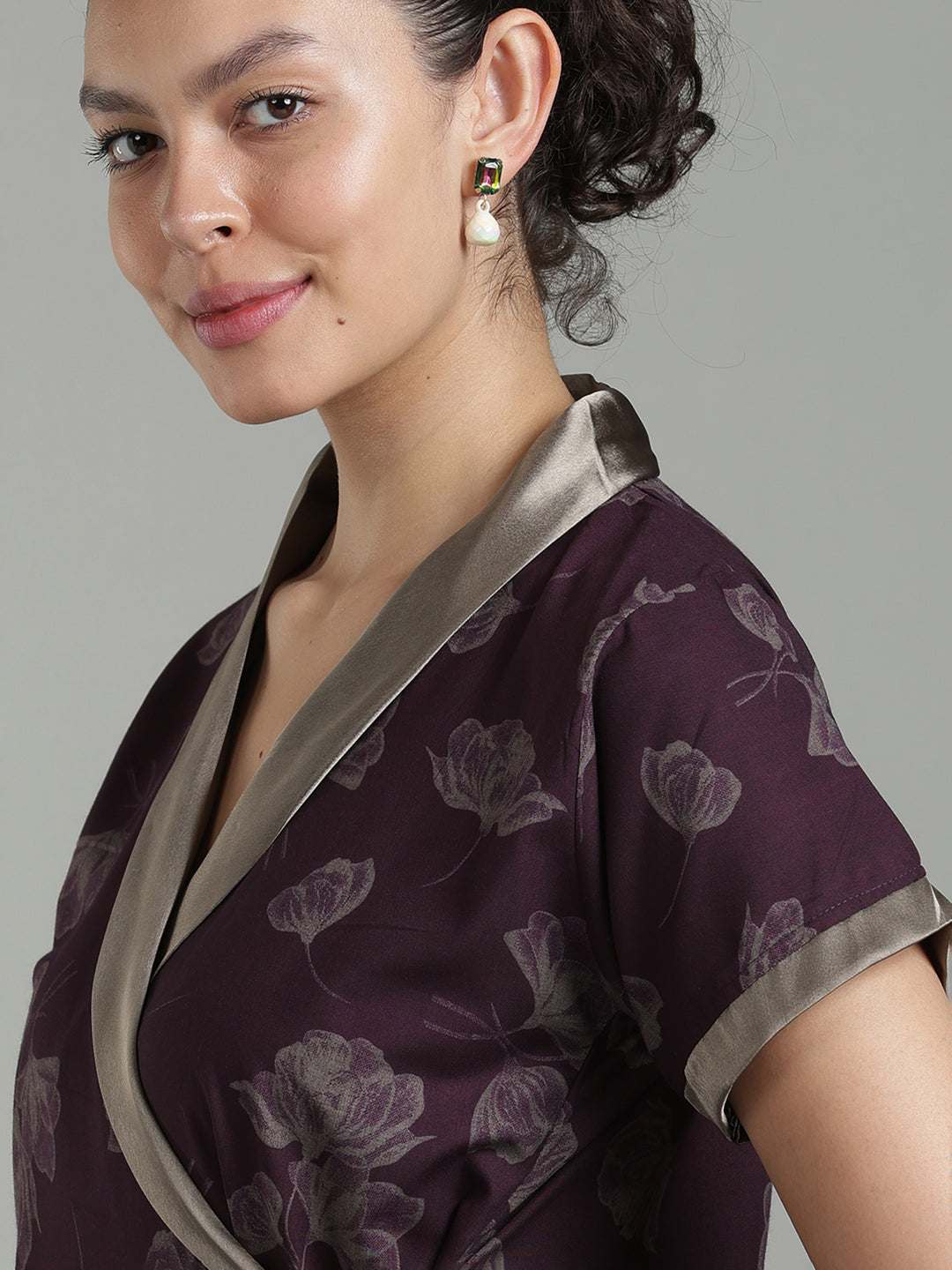 Prussian Wine Viscose Blend Housecoat with Floral Sketch Print for Women