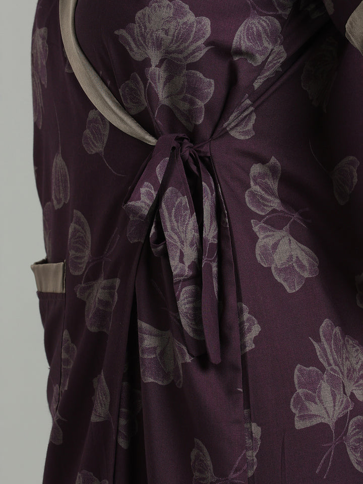 Prussian Wine Viscose Blend Housecoat with Floral Sketch Print for Women