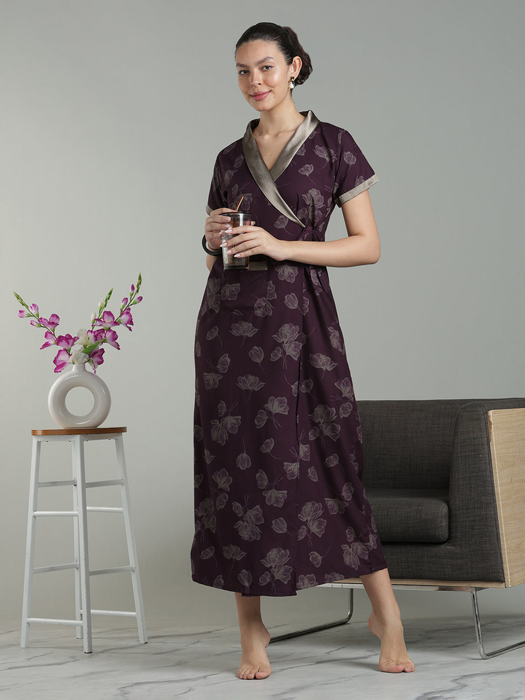 Prussian Wine Viscose Blend Housecoat with Floral Sketch Print for Women
