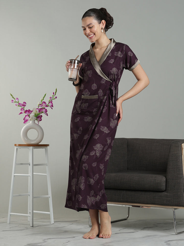 Prussian Wine Viscose Blend Housecoat with Floral Sketch Print for Women