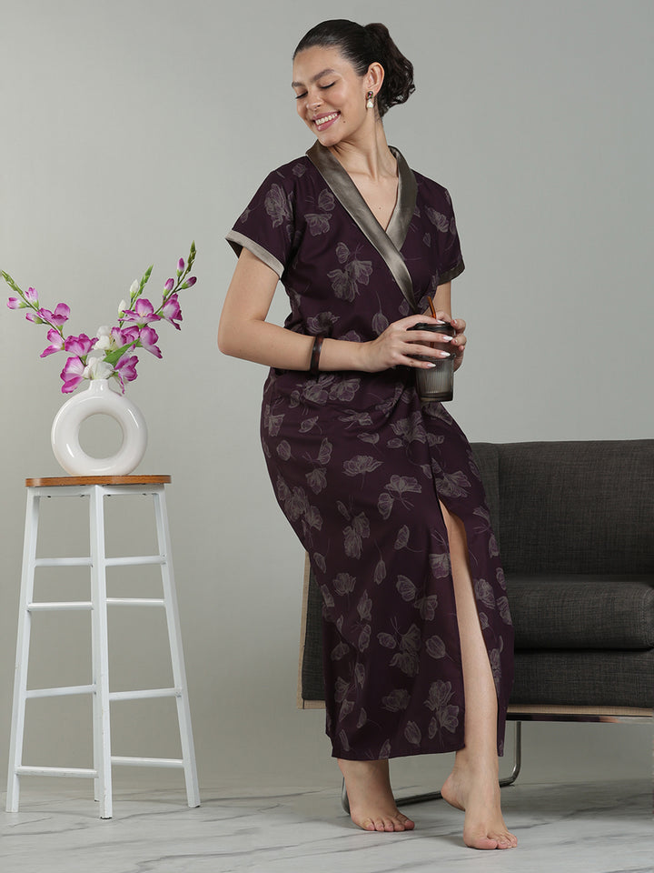 Prussian Wine Viscose Blend Housecoat with Floral Sketch Print for Women