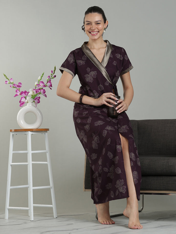 Prussian Wine Viscose Blend Housecoat with Floral Sketch Print for Women