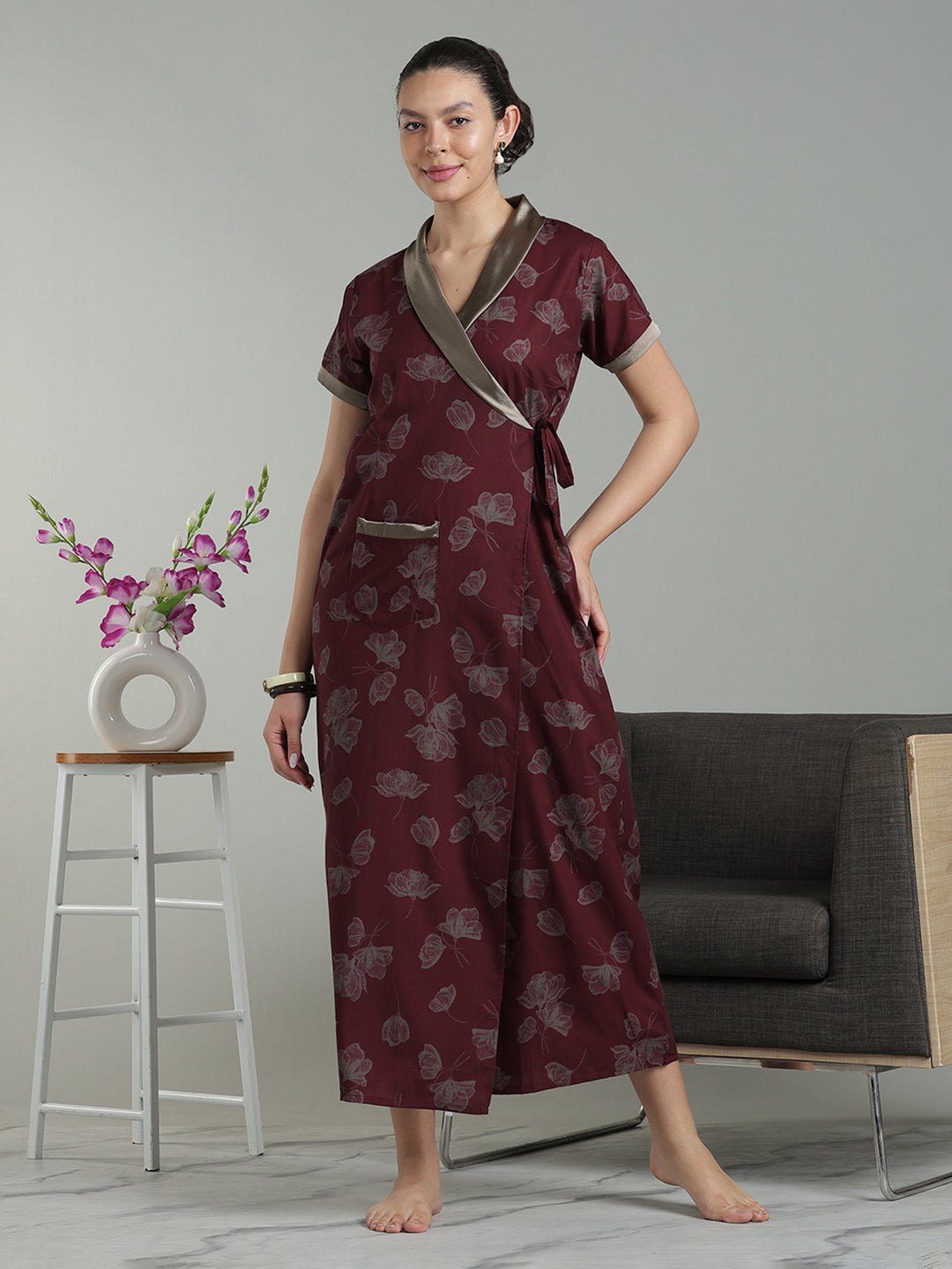 Prussian Fig Viscose Blend Housecoat with Floral Sketch Print for Women