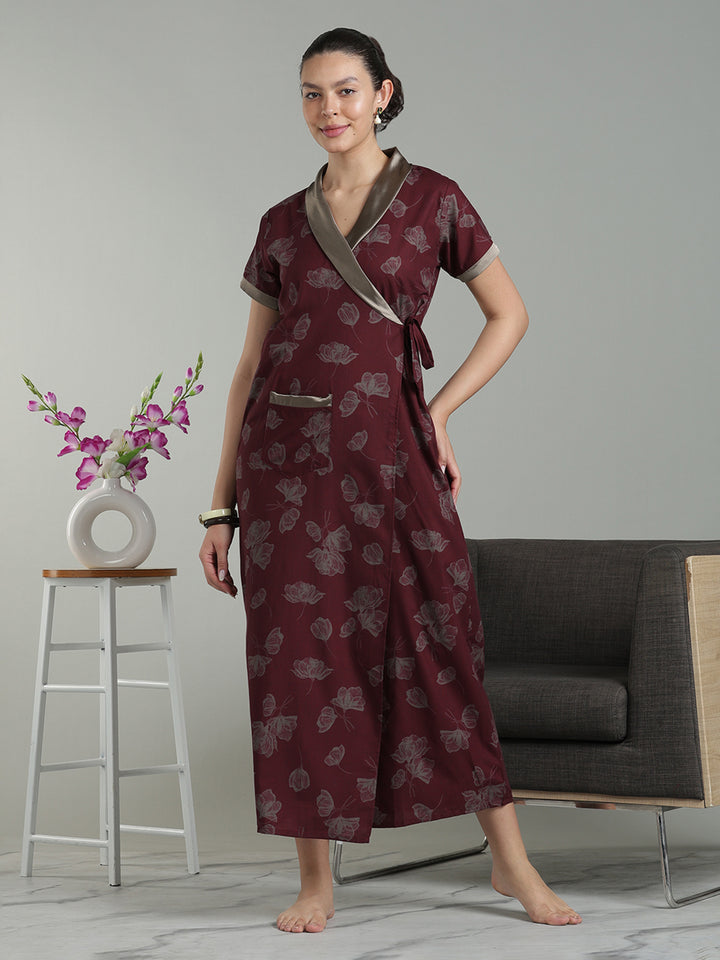 Prussian Fig Viscose Blend Housecoat with Floral Sketch Print for Women
