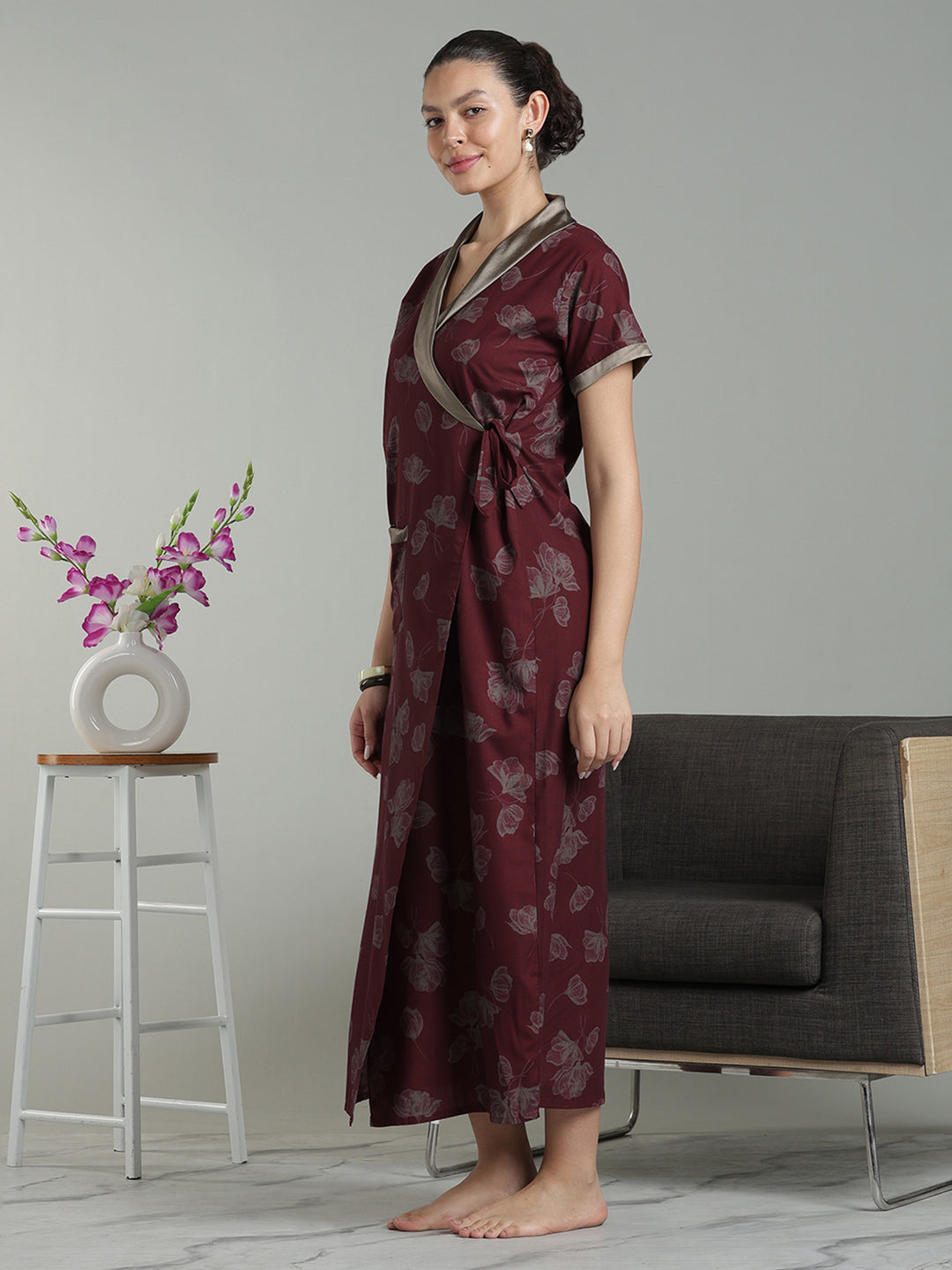Prussian Fig Viscose Blend Housecoat with Floral Sketch Print for Women