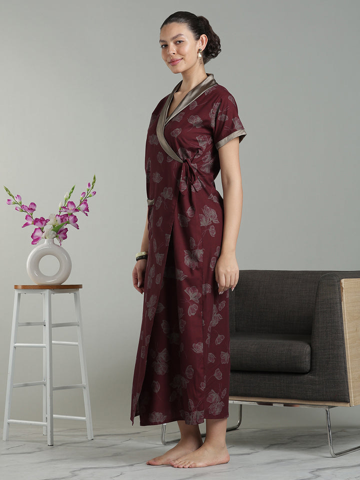 Prussian Fig Viscose Blend Housecoat with Floral Sketch Print for Women