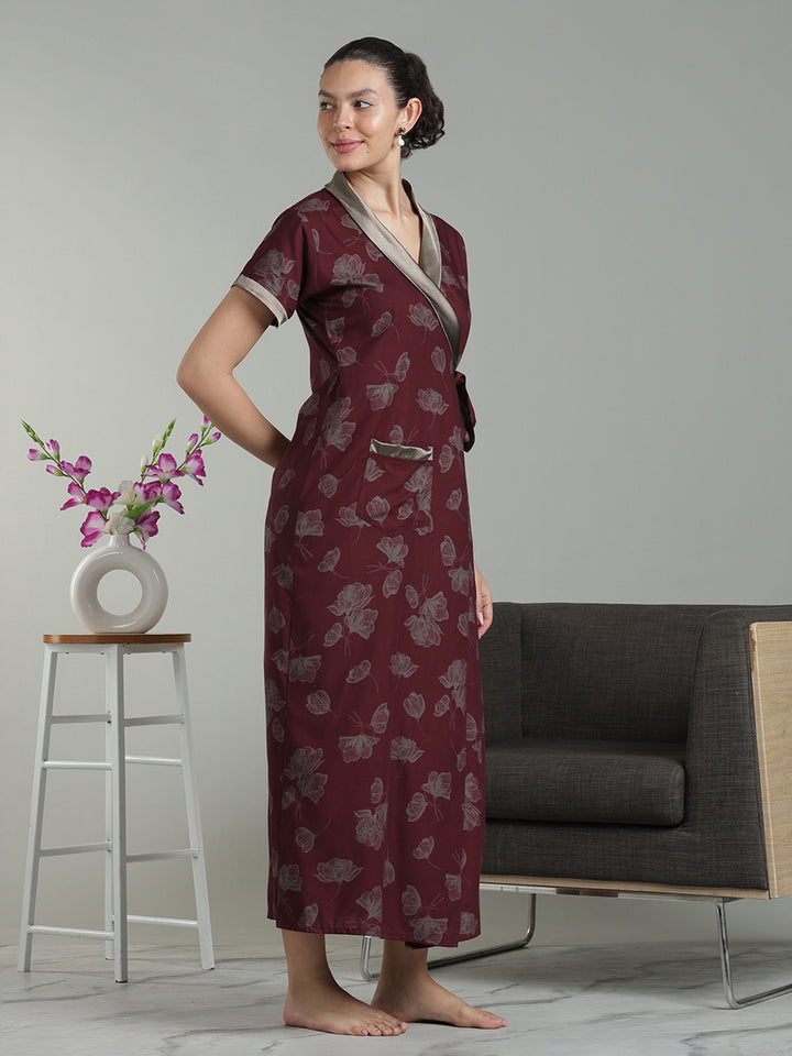 Prussian Fig Viscose Blend Housecoat with Floral Sketch Print for Women