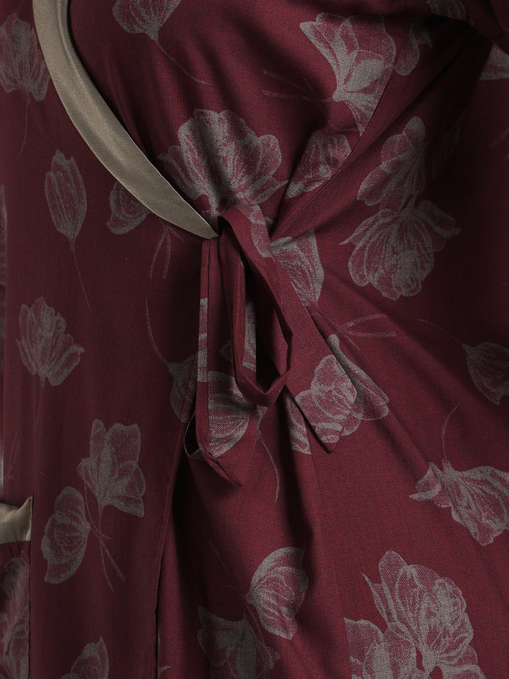 Prussian Fig Viscose Blend Housecoat with Floral Sketch Print for Women