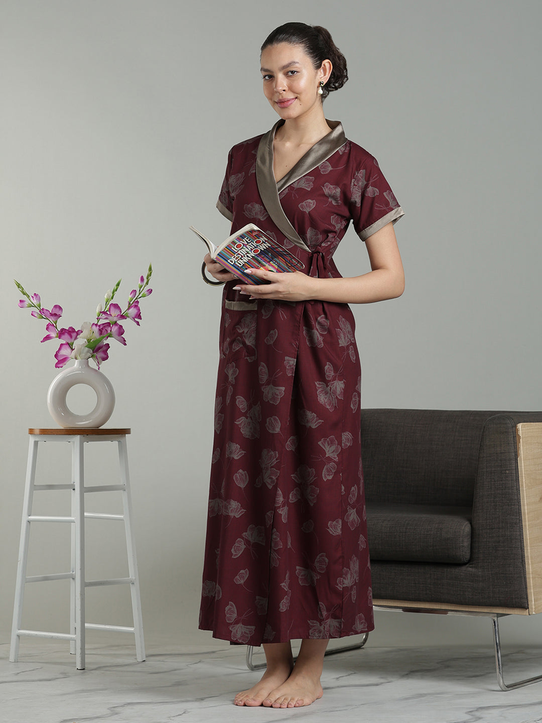 Prussian Fig Viscose Blend Housecoat with Floral Sketch Print for Women