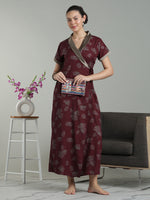Prussian Fig Viscose Blend Housecoat with Floral Sketch Print for Women