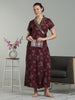 Prussian Fig Viscose Blend Housecoat with Floral Sketch Print for Women