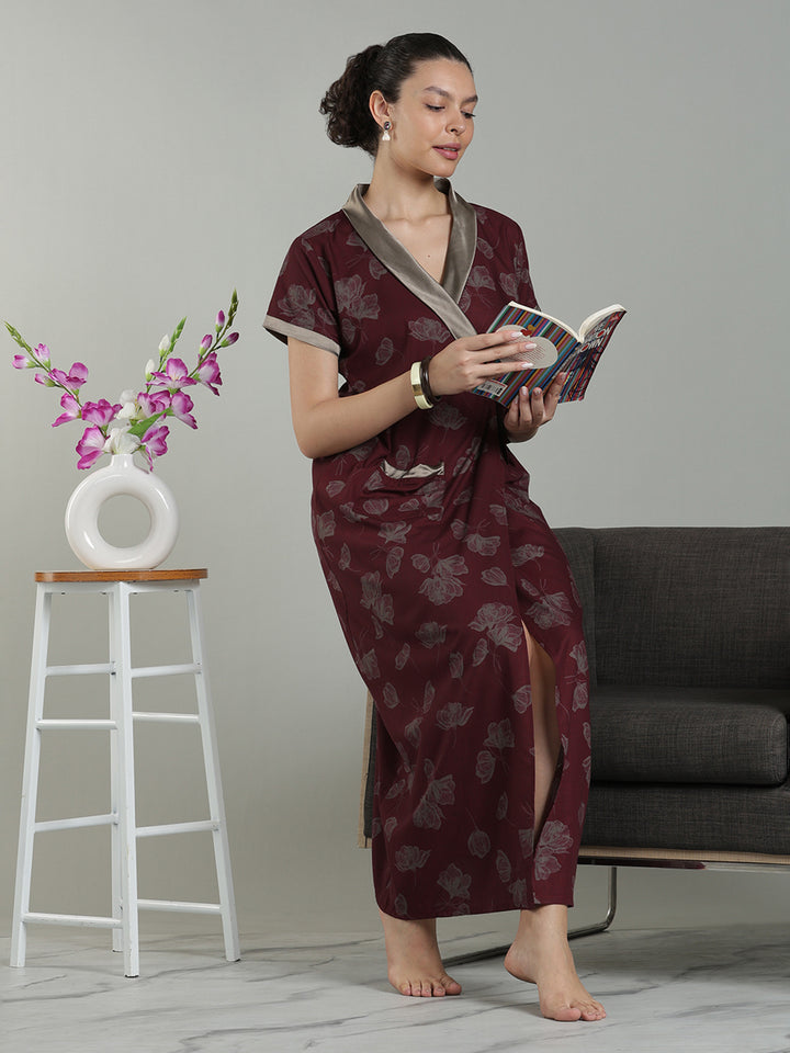 Prussian Fig Viscose Blend Housecoat with Floral Sketch Print for Women
