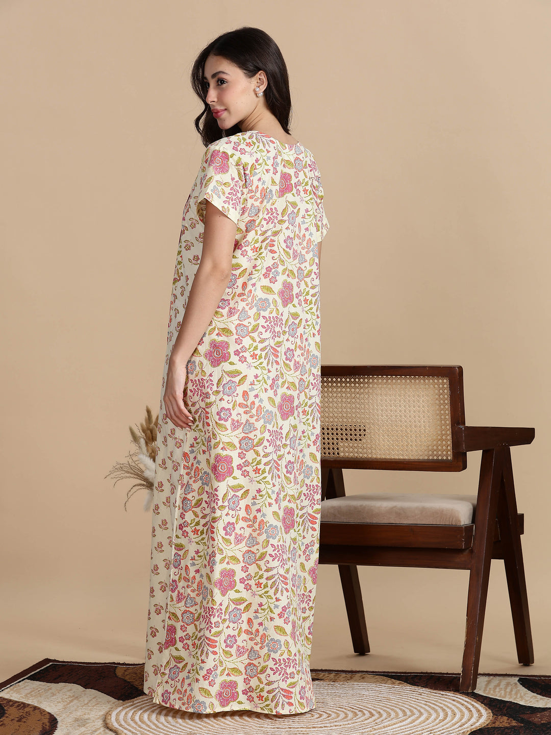 Pure Cotton Jaipuri Nighty for Women in Cream Pink Floral Print