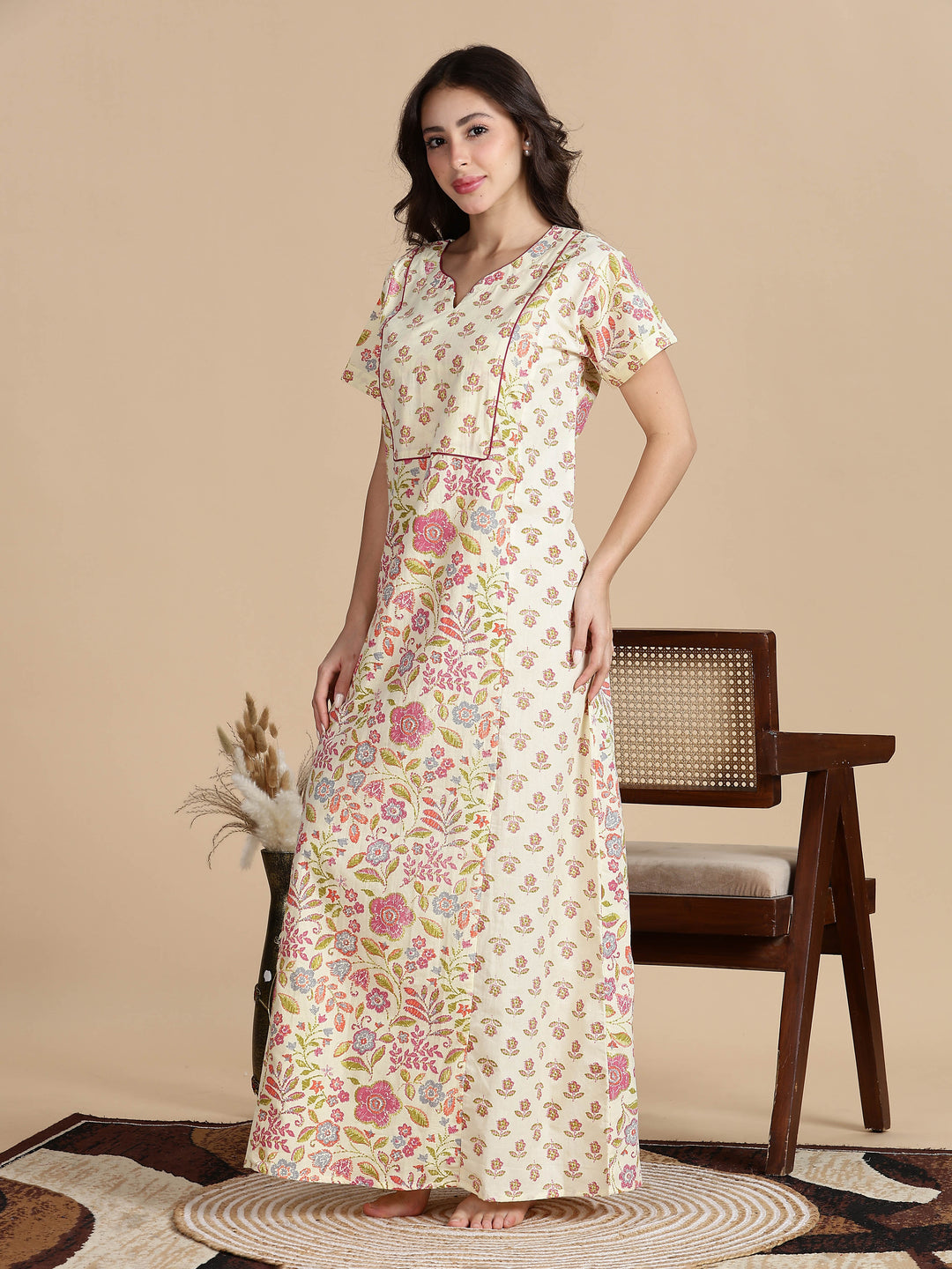 Pure Cotton Jaipuri Nighty for Women in Cream Pink Floral Print