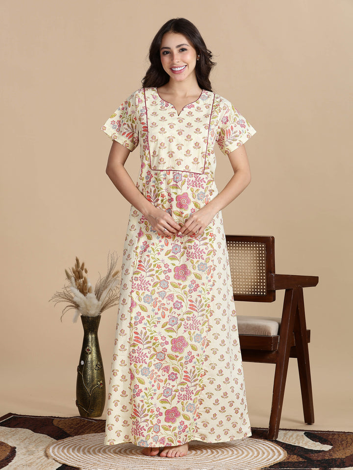 Pure Cotton Jaipuri Nighty for Women in Cream Pink Floral Print