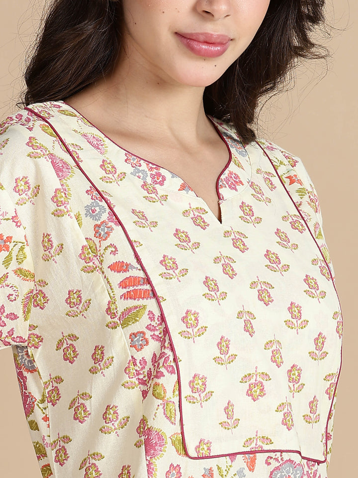 Pure Cotton Jaipuri Nighty for Women in Cream Pink Floral Print