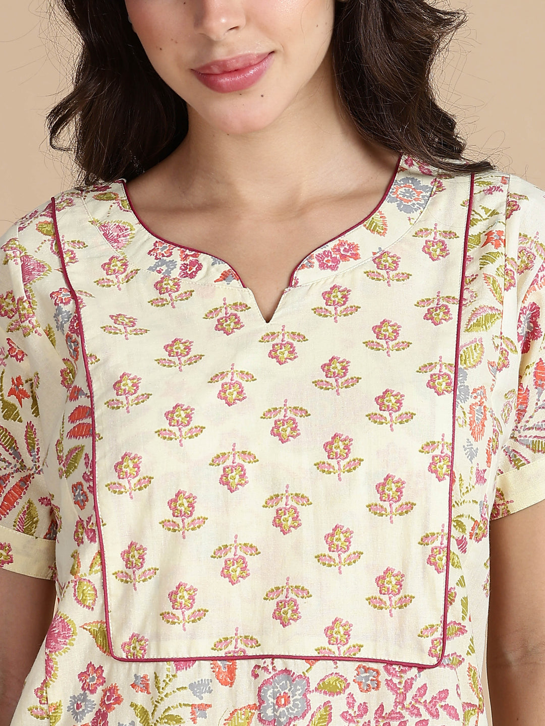 Pure Cotton Jaipuri Nighty for Women in Cream Pink Floral Print