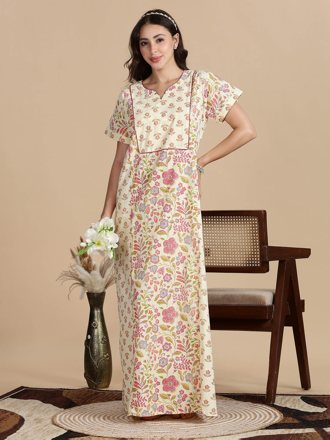 Pure Cotton Jaipuri Nighty for Women in Cream Pink Floral Print