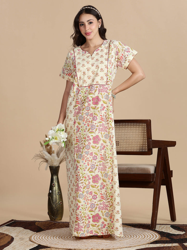 Pure Cotton Jaipuri Nighty for Women in Cream Pink Floral Print