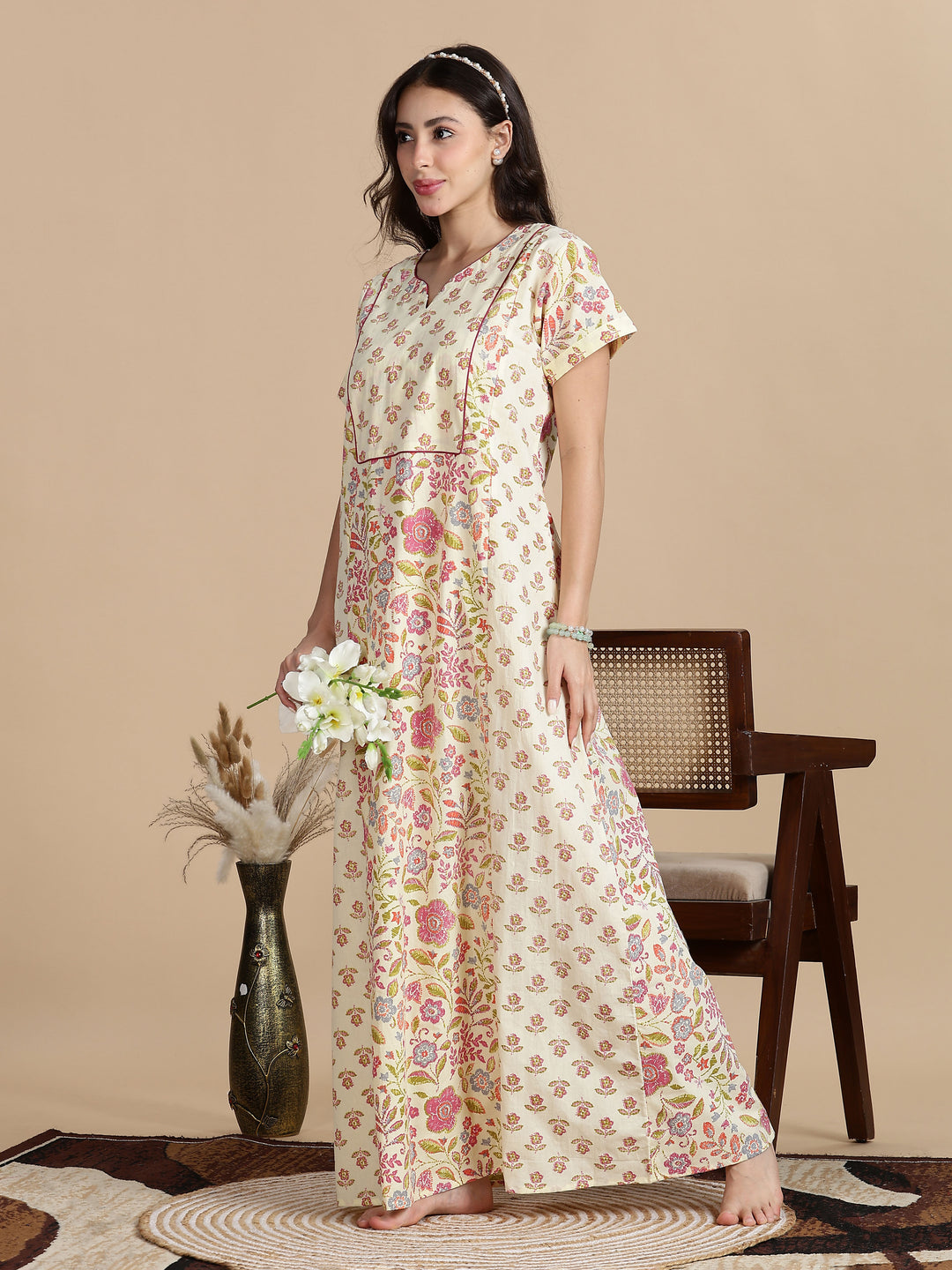 Pure Cotton Jaipuri Nighty for Women in Cream Pink Floral Print