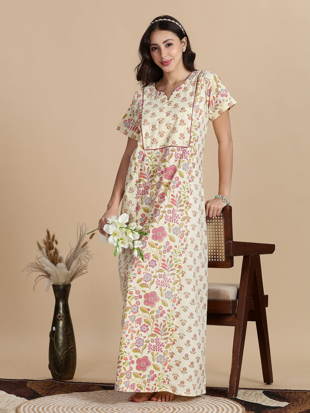 Pure Cotton Jaipuri Nighty for Women in Cream Pink Floral Print