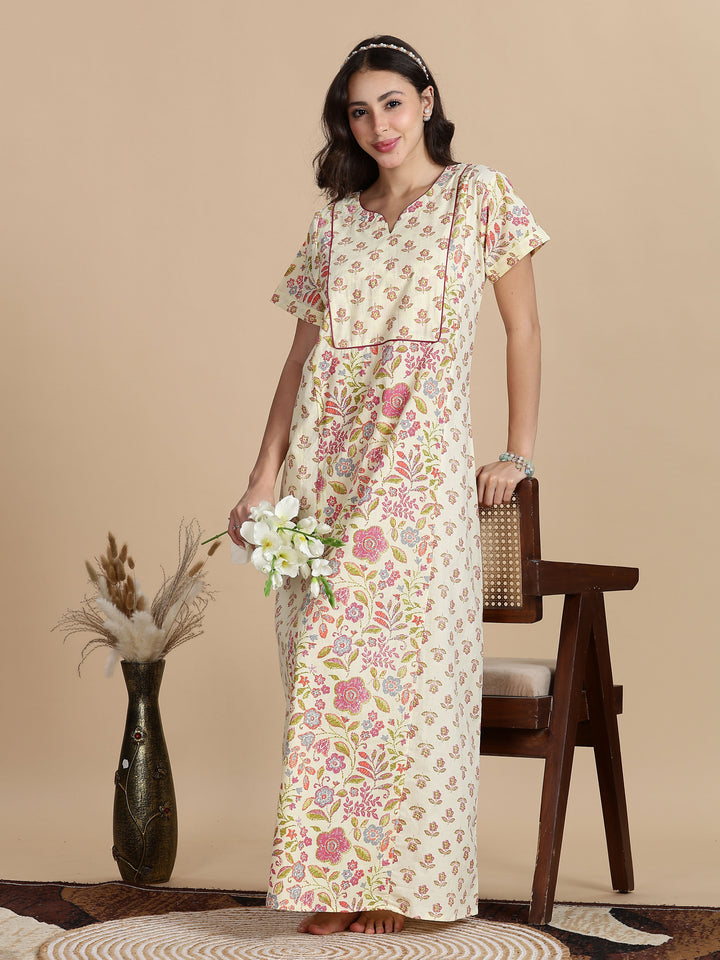 Pure Cotton Jaipuri Nighty for Women in Cream Pink Floral Print