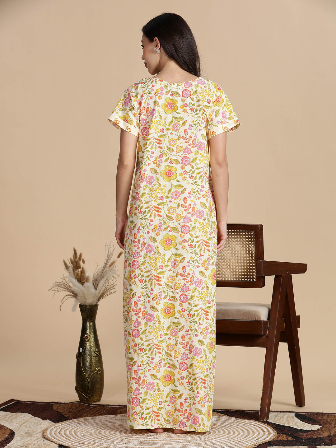 Pure Cotton Jaipuri Nighty for Women in Cream Orange Floral Print